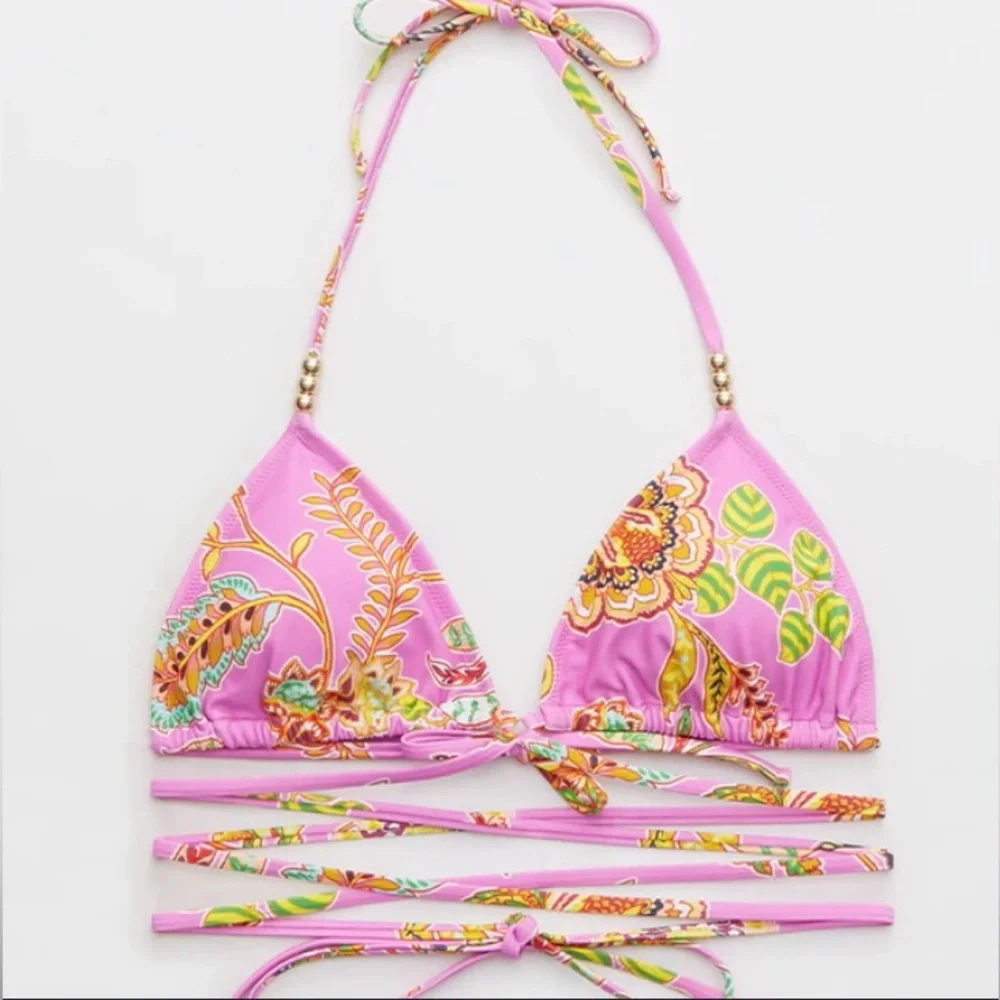 NEW Aerie Pink wrap triangle bikini top and Crossover High Waisted Bikin…
